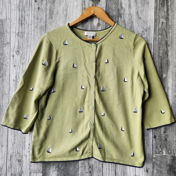 Christopher & Banks Sweaters - Christopher & Banks Green Embroidered Nautical Sailboat Cardigan Medium